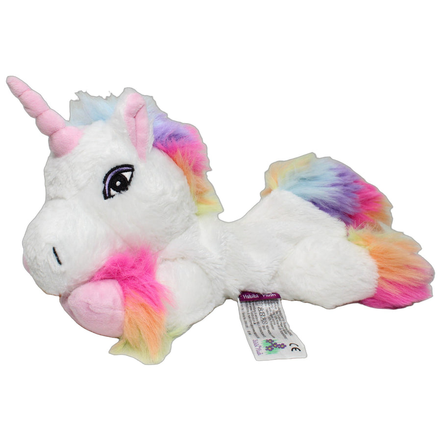 Weißes Einhorn mit Regenbogenmähne, liegend