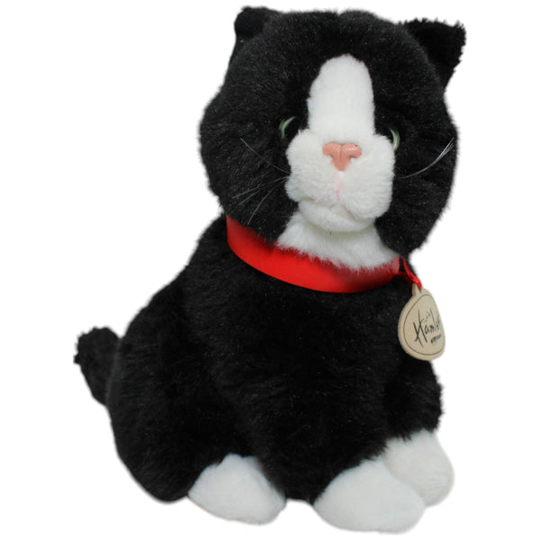 Süßes schwarze Katze mit weißen Pfoten, sitzend