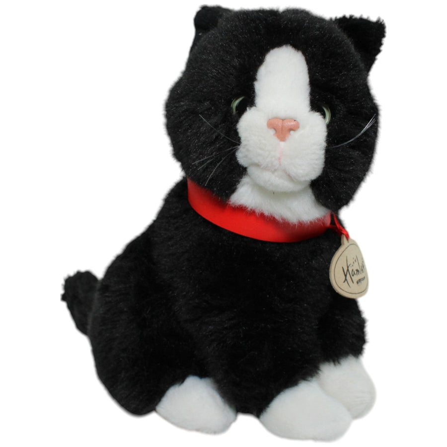Süßes schwarze Katze mit weißen Pfoten, sitzend