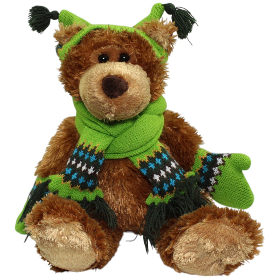 Teddybär mit grüner Mütze, Schal und Handschuhen