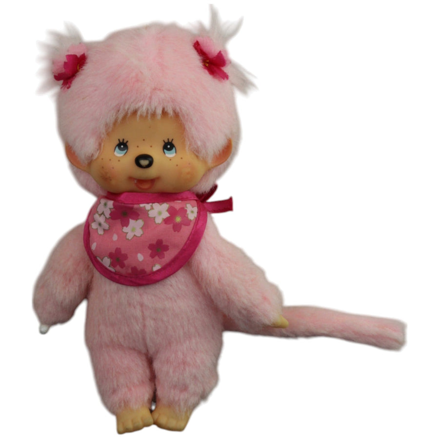 Monchhichi, rosa Mädchen mit Zöpfen und Blumen-Latz