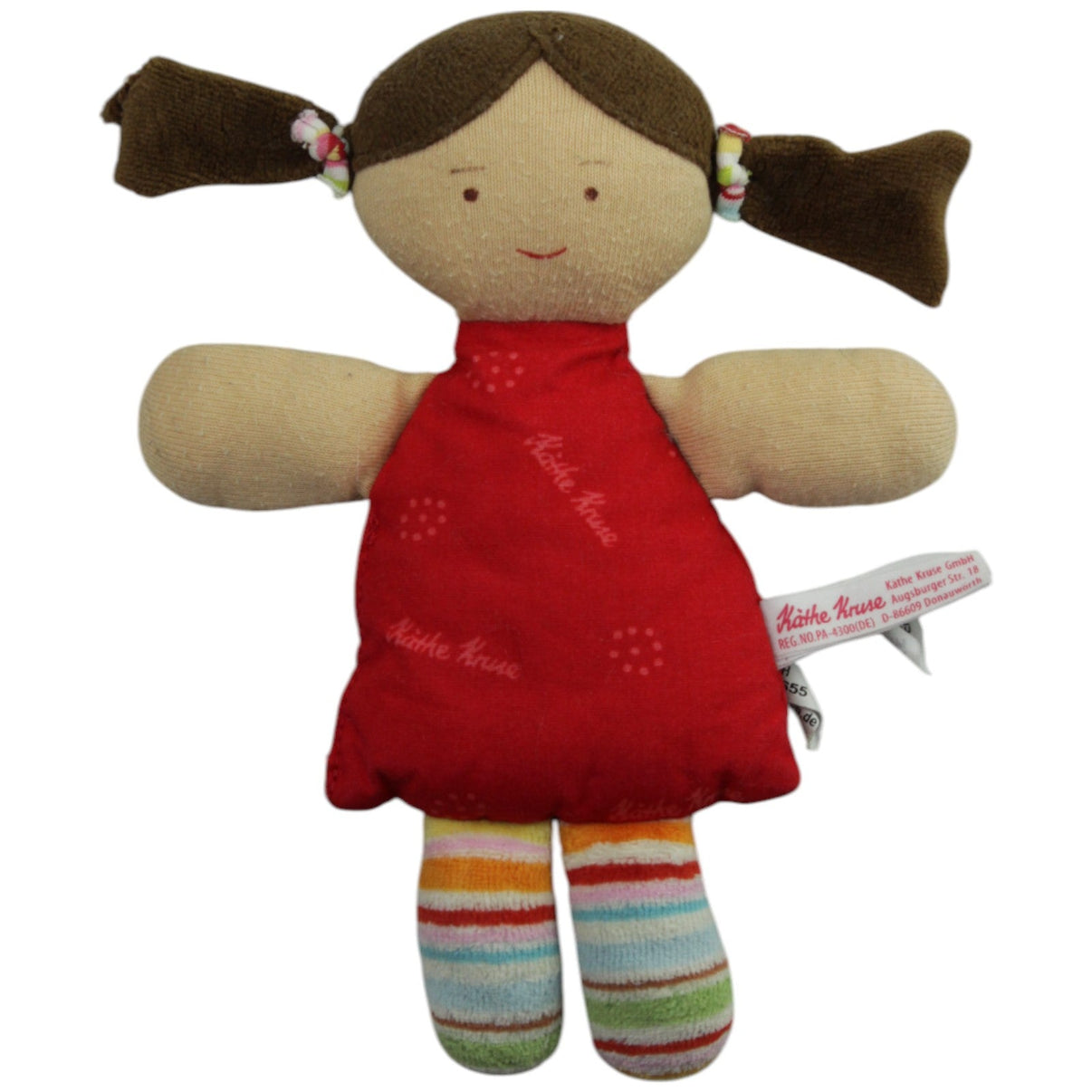 123000015583 Käthe Kruse Mädchen mit rotem Kleid & bunten Kniestrümpfen Weichpuppe Kumpel Leo Gebraucht