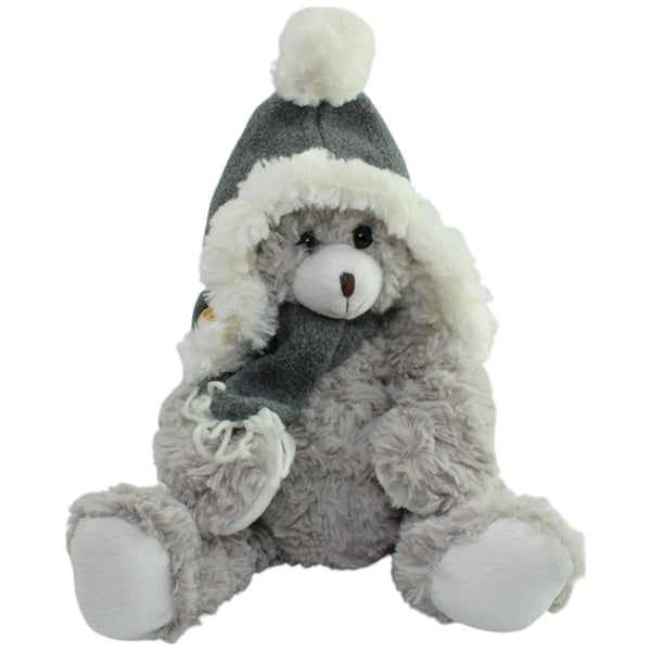 Grauer Teddy mit Schal & Wintermütze