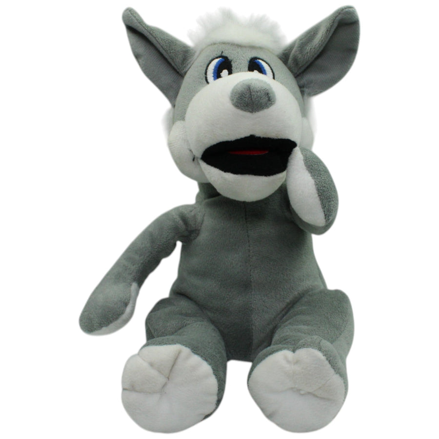 Lustiger grauer Wolf, sitzend