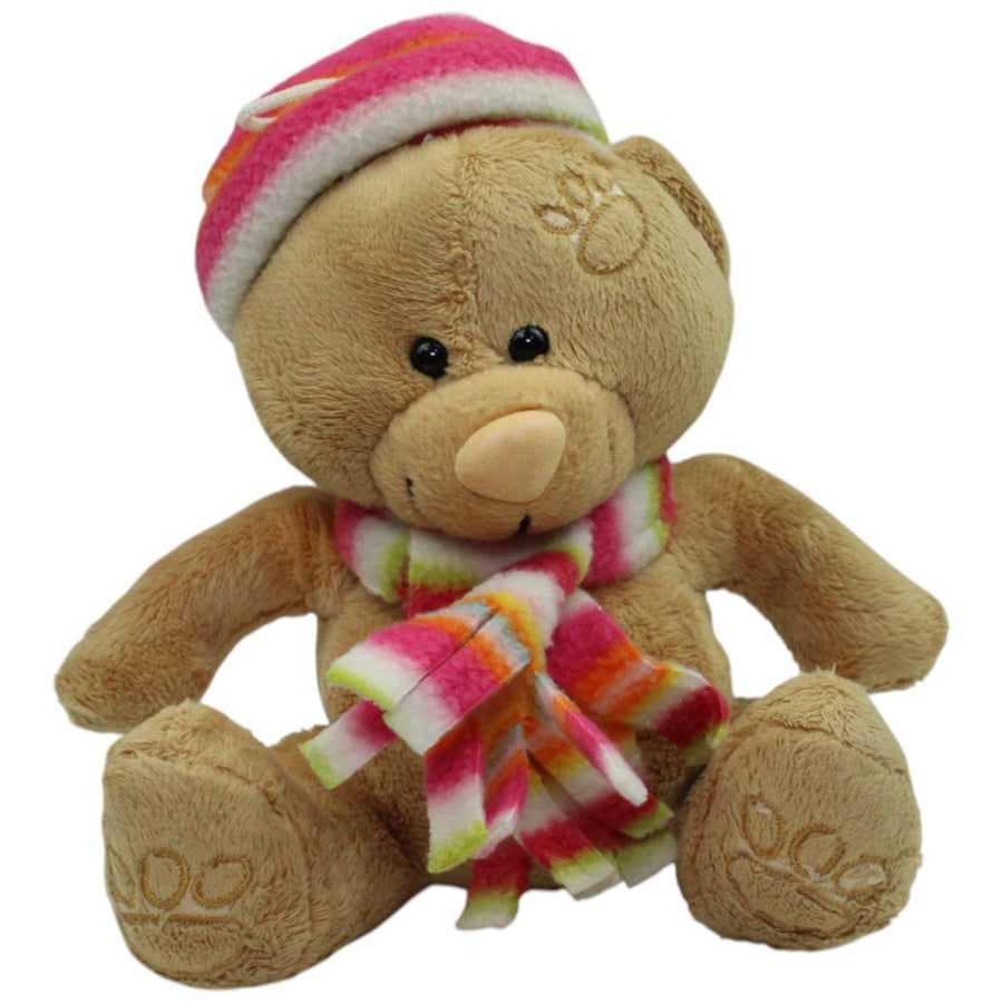 Sitzender Teddy mit buntem Schal & Mütze