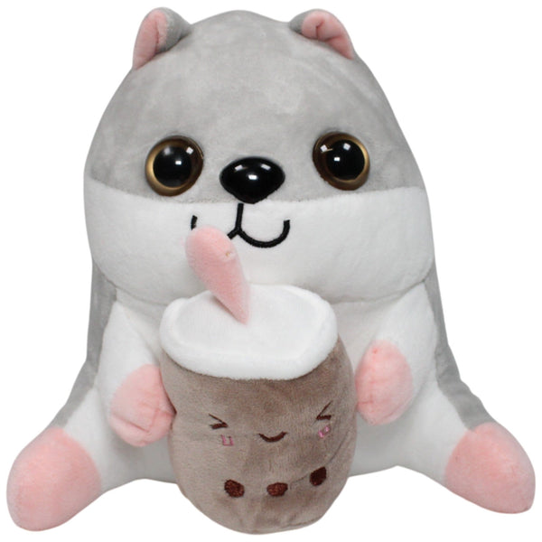 Süßer grauer Hamster mit Bubble-Tea