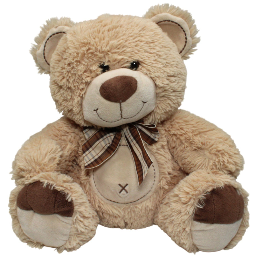 Großer sitzender Teddybär mit Schleife, hellbraun