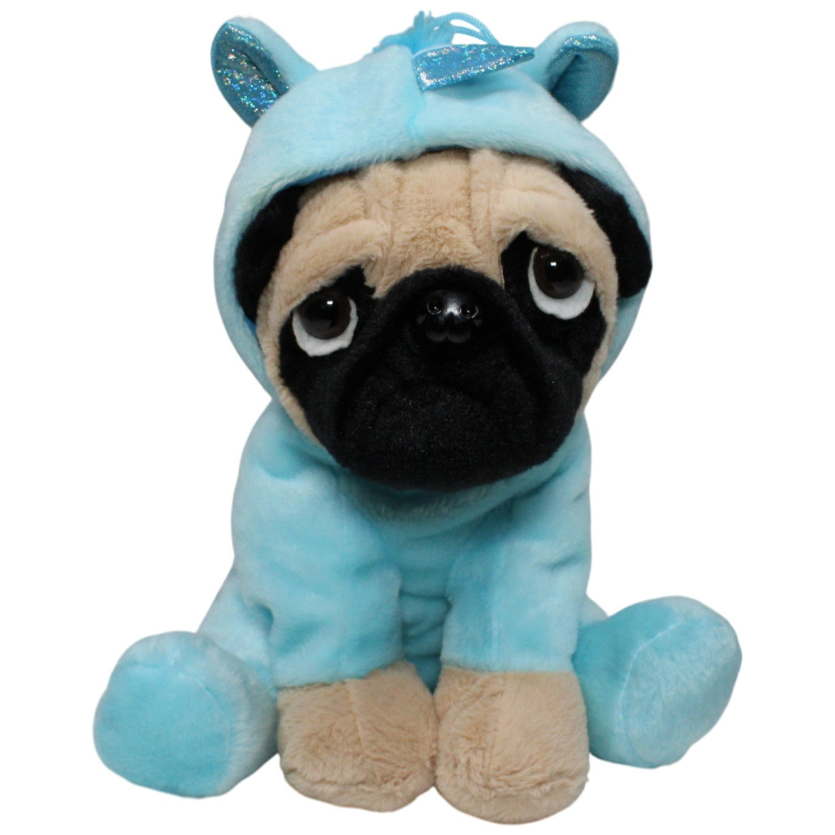 123000018209 FLOTI Flos Toys, Mops in blauem Einhorn-Kostüm Kuscheltier Kumpel Leo 30cm Beige Blau