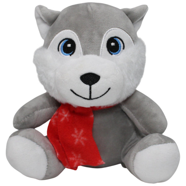 Grauer Wolf mit rotem Schal