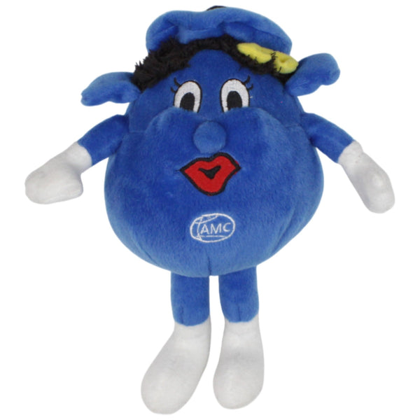 Blaues Maskottchen mit Hut und Kussmund