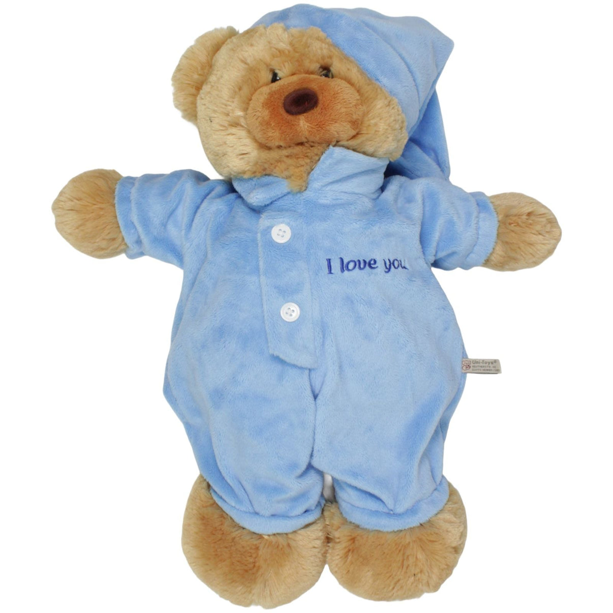123000019338 Uni - Toys XL Bär in blauem Pyjama "I love you" mit Sound Kuscheltier Kumpel Leo 45cm Blau Braun