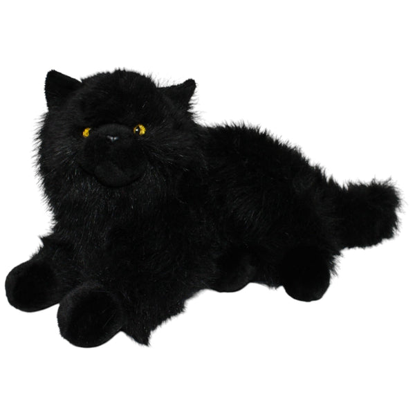 Hübsche schwarze Katze mit gelben Augen, liegend