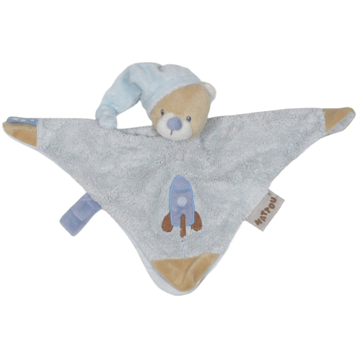 123000020191 Nattou Teddybär mit Schlafmütze und Rakete, blau Schmusetuch mit Fingerpuppe Kumpel Leo 26cm Beige Blau