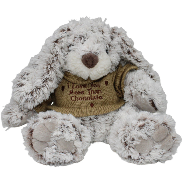 Kuschelfreund, grauer Hase mit Strickpulli "I Love You More Than Chocolate"