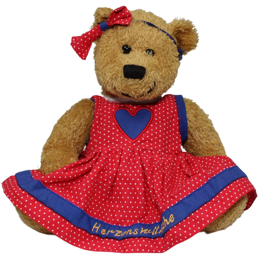 Herzenswünsch e.V., schöner Teddybär mit rotem Kleid mit Haarband