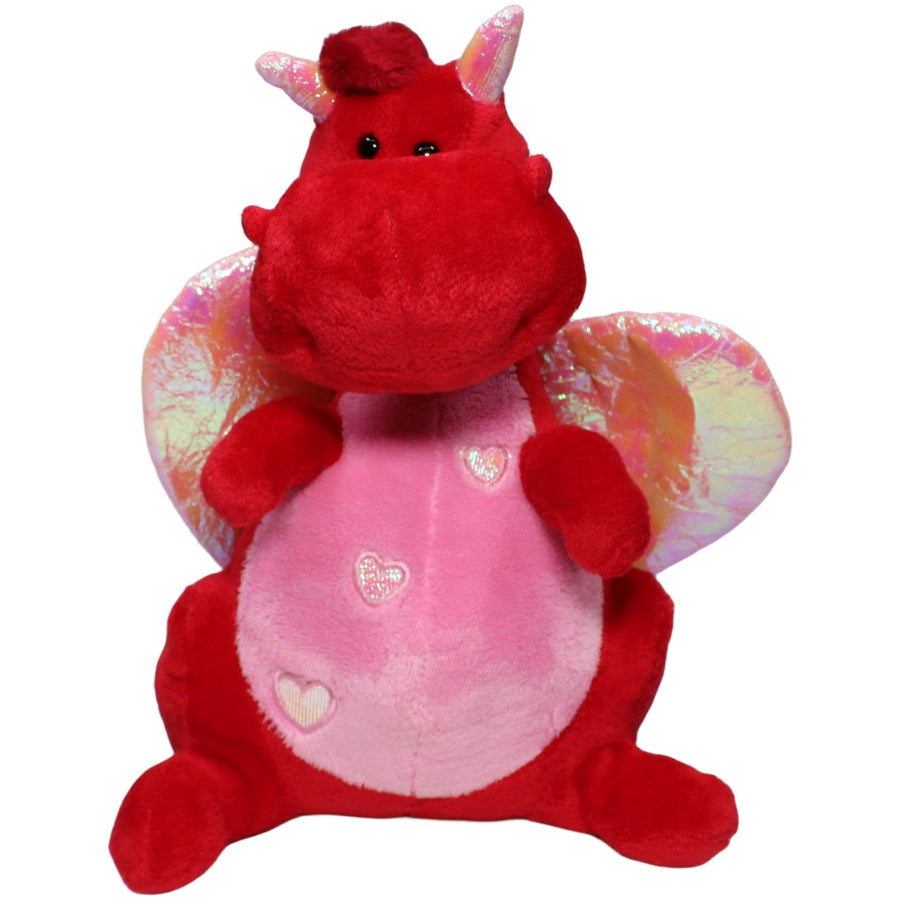 Roter Drache mit rosa Glitzer-Flügeln und Herzen