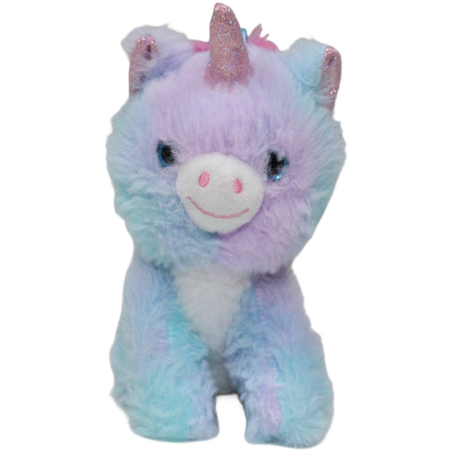 Sitzendes lila Einhorn mit pinker Mähne