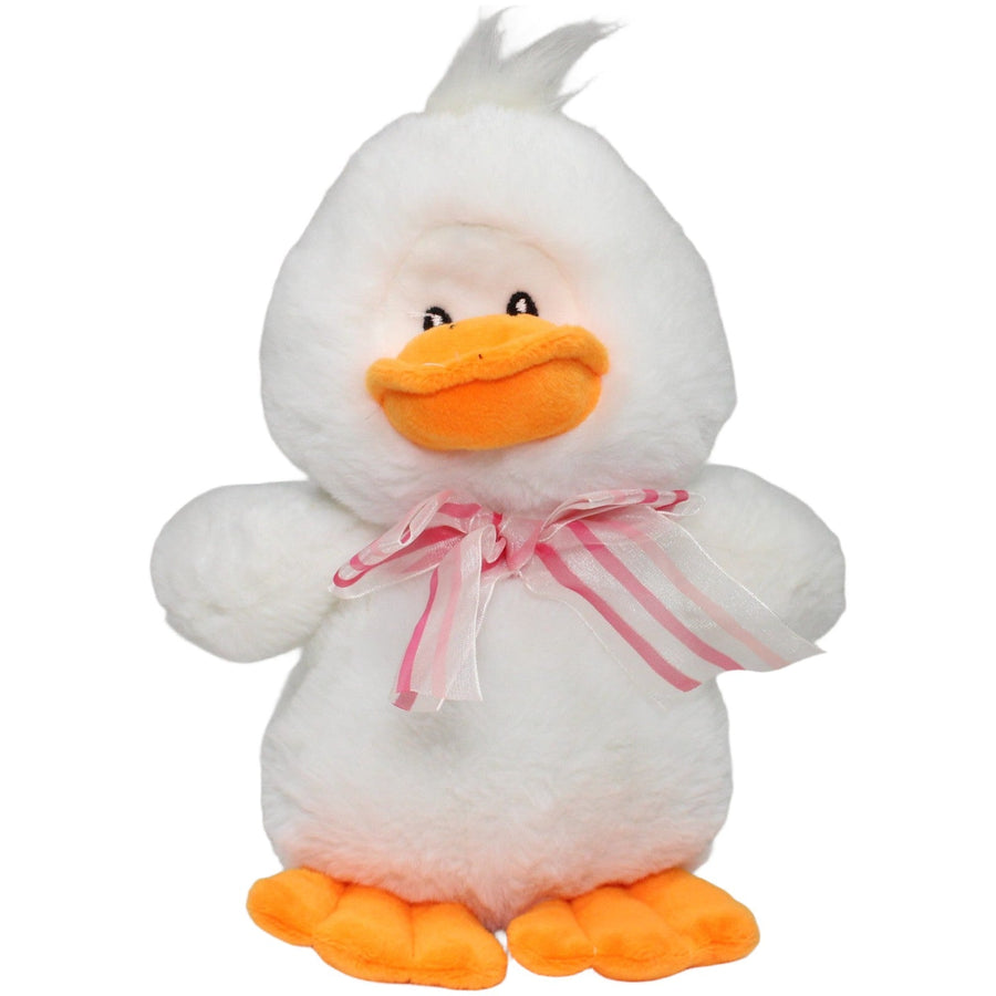 Weiße Ente mit rosa Schleife, sitzend