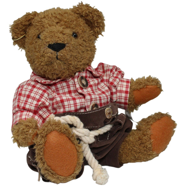 Sitzender Teddy mit Lederhose, Karohemd & Ohrring