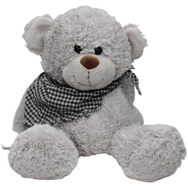 Teddybär mit schwarz-weiß kariertem Halstuch, grau