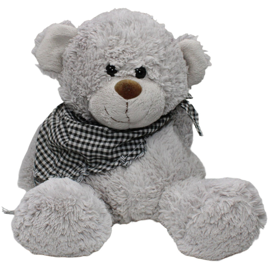 Teddybär mit schwarz-weiß kariertem Halstuch, grau