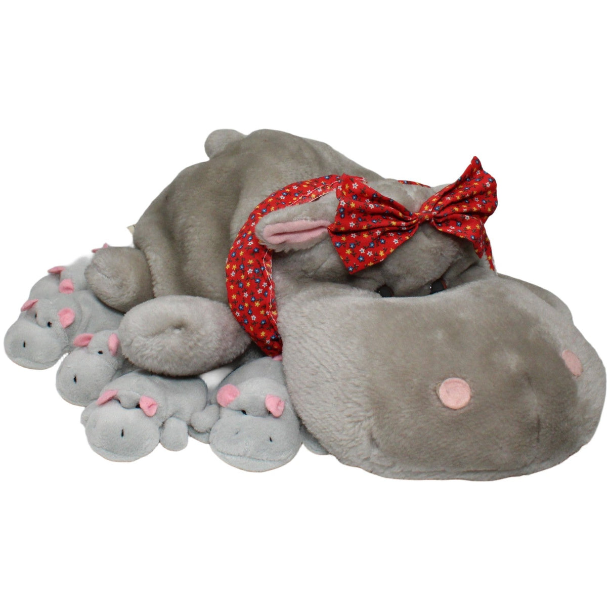 123000022399 Deichmann Mutter & Babys, graues Nilpferd mit 6 Babys Kuscheltier Kumpel Leo 35cm 9cm _Vintage_