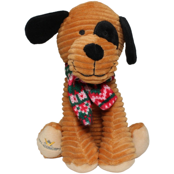 Sitzender Cord-Hund mit Schal, hellbraun