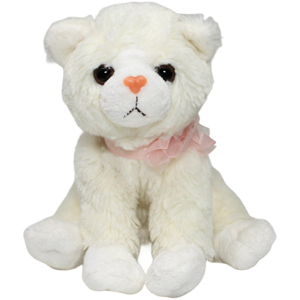 Kleine weiße Katze mit rosa Schleife, sitzend