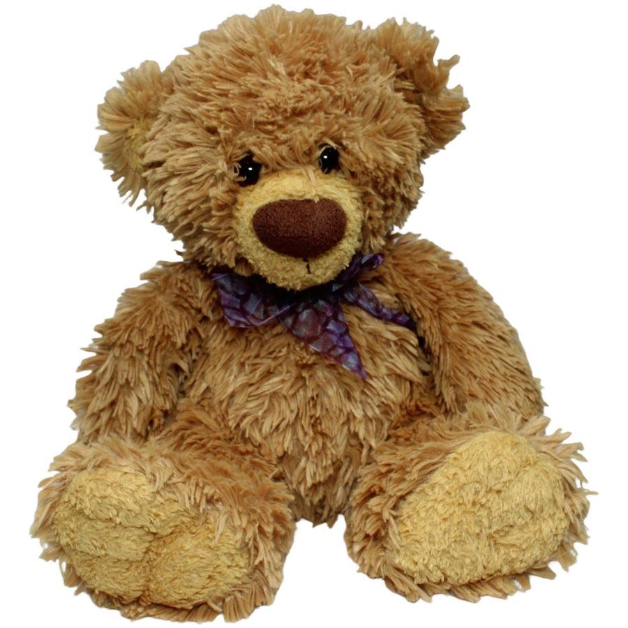 Zotteliger XL Teddybär mit lila Schleife, hellbraun