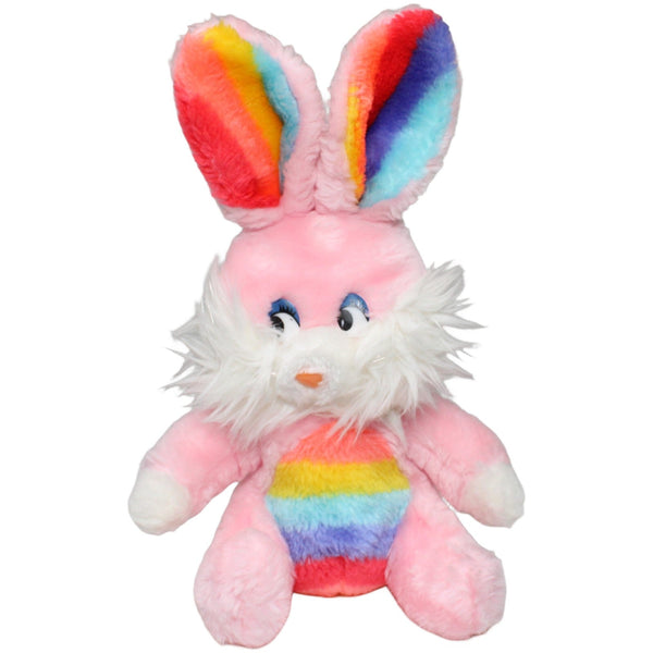 Plüschel, rosa Hase mit Regenbogen Bauch und Ohren