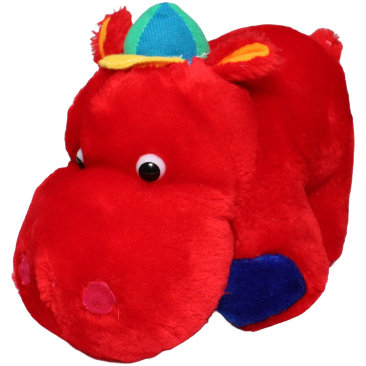 123000023306 Heunec Rotes Nilpferd mit kleiner Kappe Kuscheltier Kumpel Leo 24cm _Vintage_ Blau