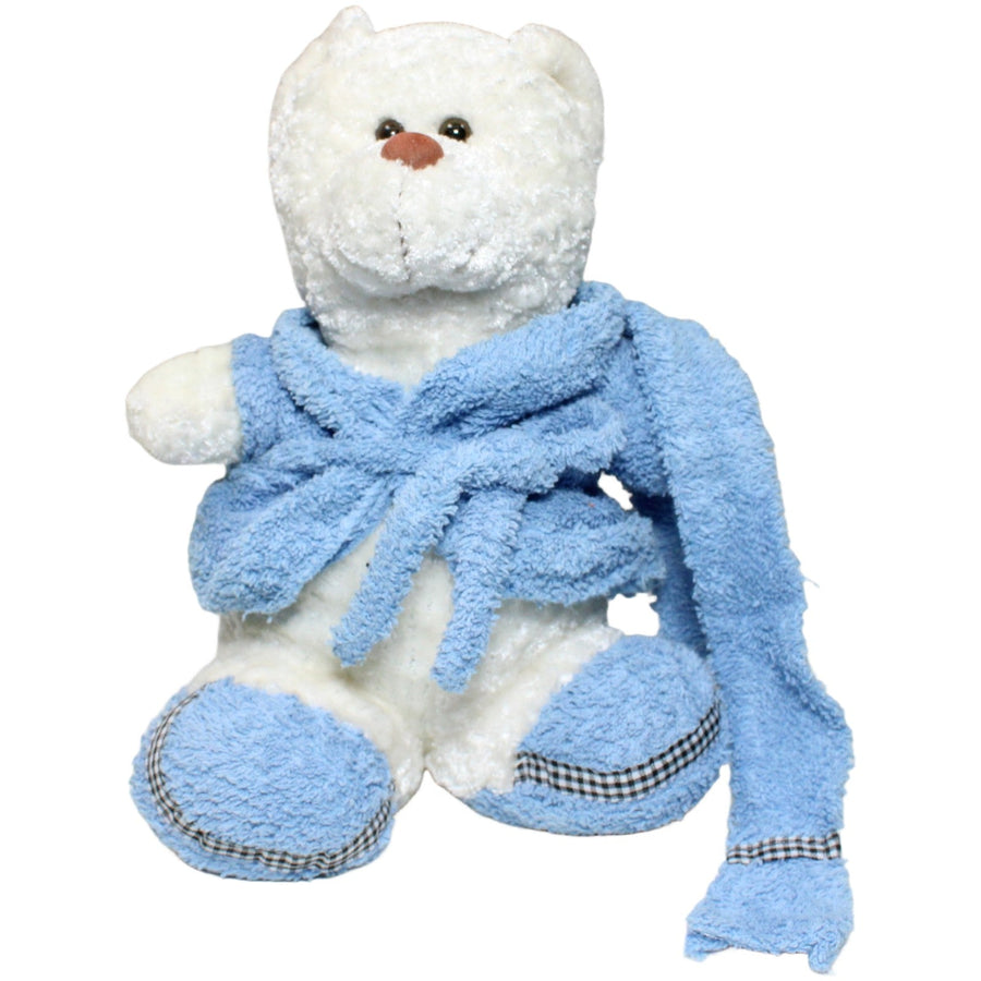 Weißer Teddybär mit blauem Bademantel