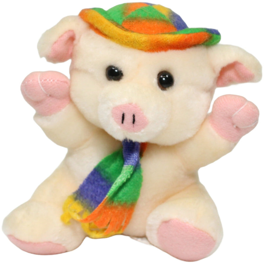 Kleines Schwein mit buntem Hut, sitzend