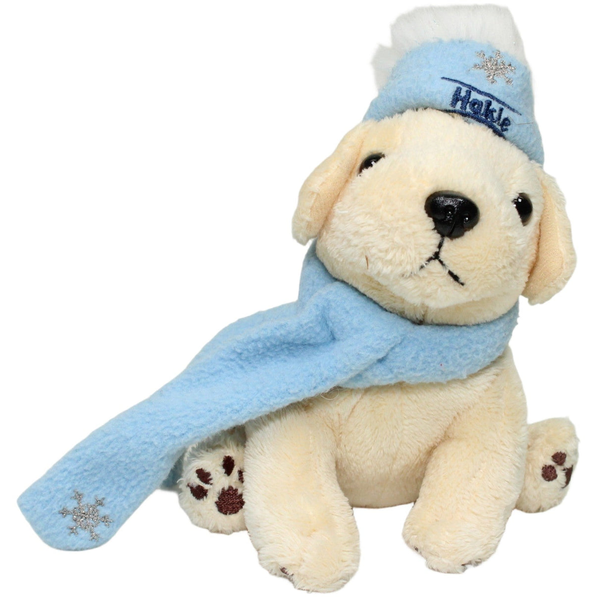 123000024735 Hakle - Kimberly Deutschland Kleiner Hund mit Schal & Mütze, sitzend Kuscheltier Kumpel Leo 15cm Beige Blau