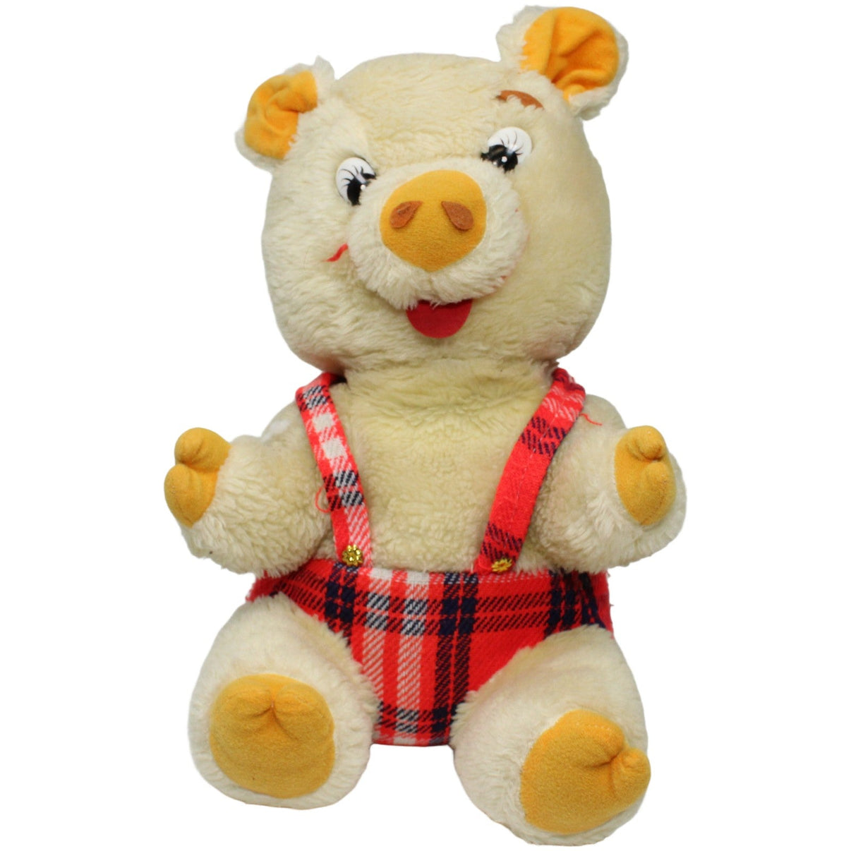 123000024825 Unbekannt Süßes Schwein in karierter Latzhose, sitzend Kuscheltier Kumpel Leo 30cm Beige ebay-stofftiere