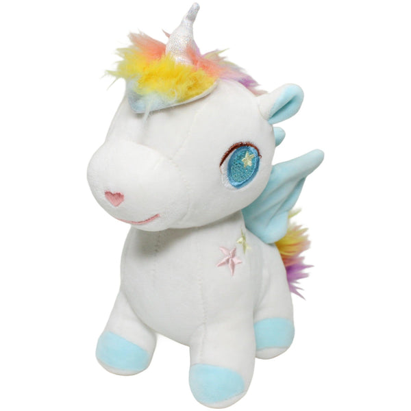 Weißes Einhorn mit Regenbogenmähne, stehend