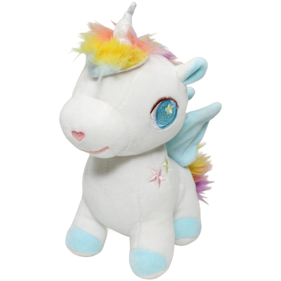 Weißes Einhorn mit Regenbogenmähne, stehend