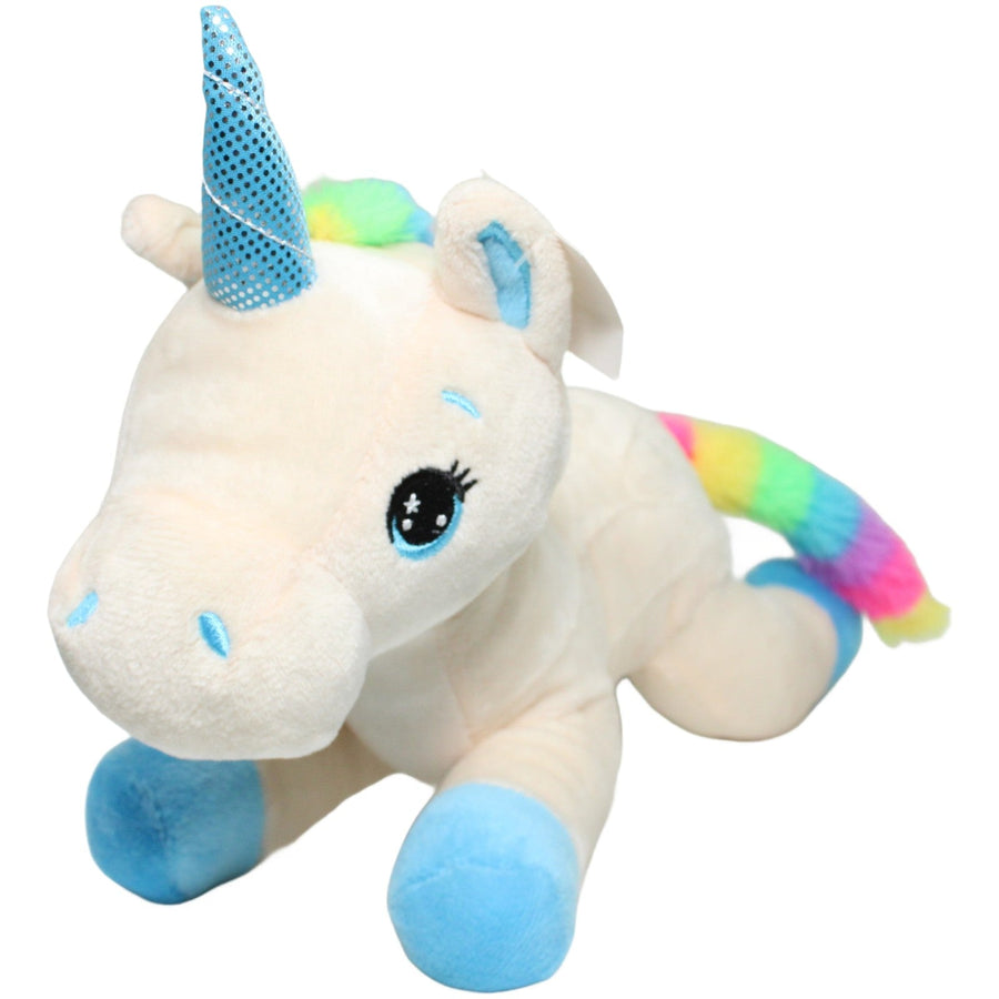 Weißes Einhorn mit Regenbogenmähne, liegend