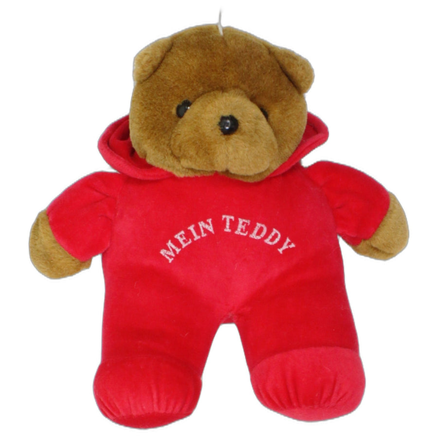 Brauner Teddy mit rotem Kapuzen-Anzug "MEIN TEDDY"