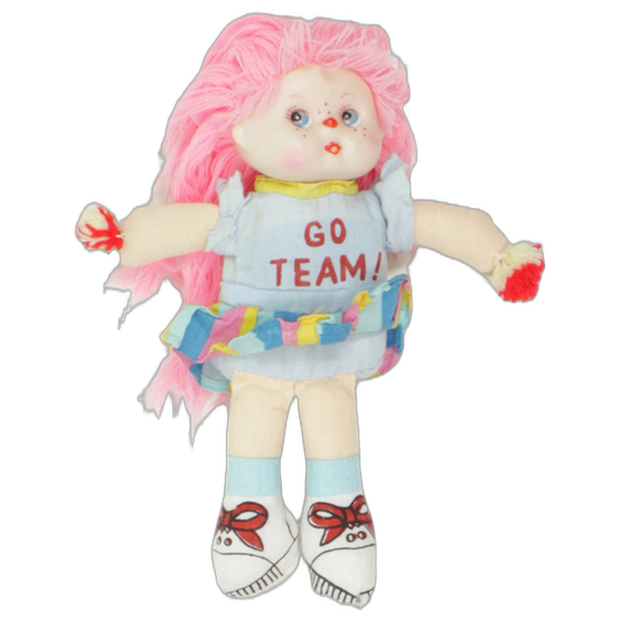 123000025833 Unbekannt Cheerleader mit pinken Haaren "Go Team" Puppe Kumpel Leo 25cm _Vintage_ Beige
