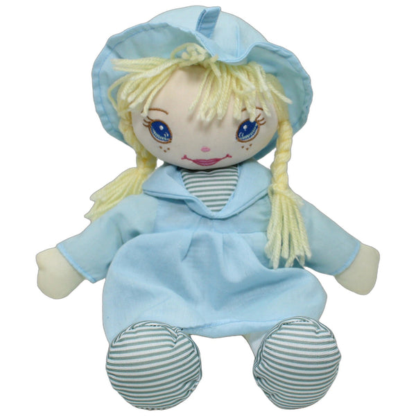 Große blonde Puppe mit blauem Kleid