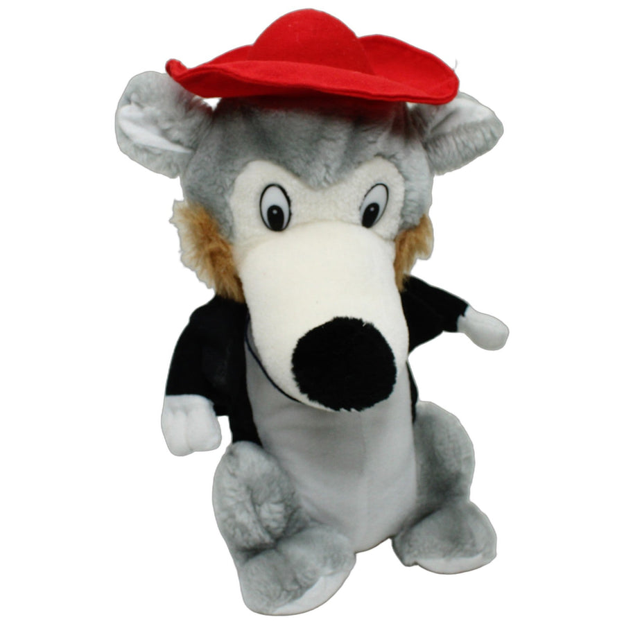 Grauer Wolf mit rotem Hut und schwarzer Jacke