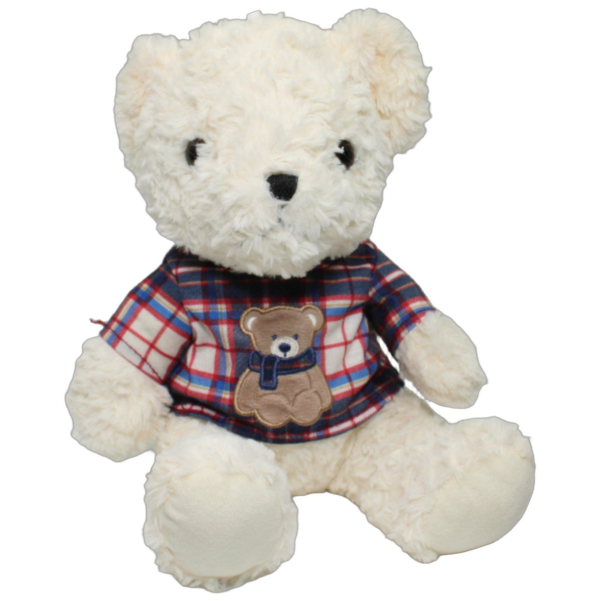 123000026204 C&A Weißer Zottel-Bär mit Karohemd, sitzend Kuscheltier Kumpel Leo 30cm Beige Blau