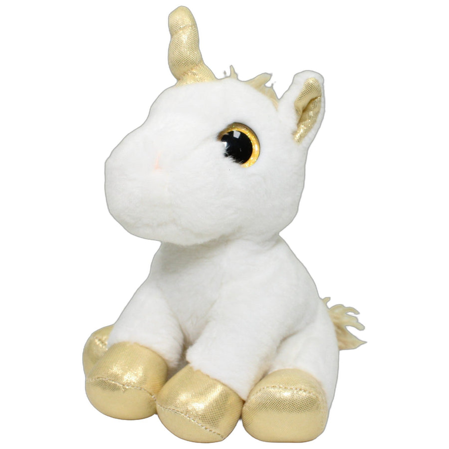 Weißes Einhorn mit goldenen Glitzerdetails, sitzend