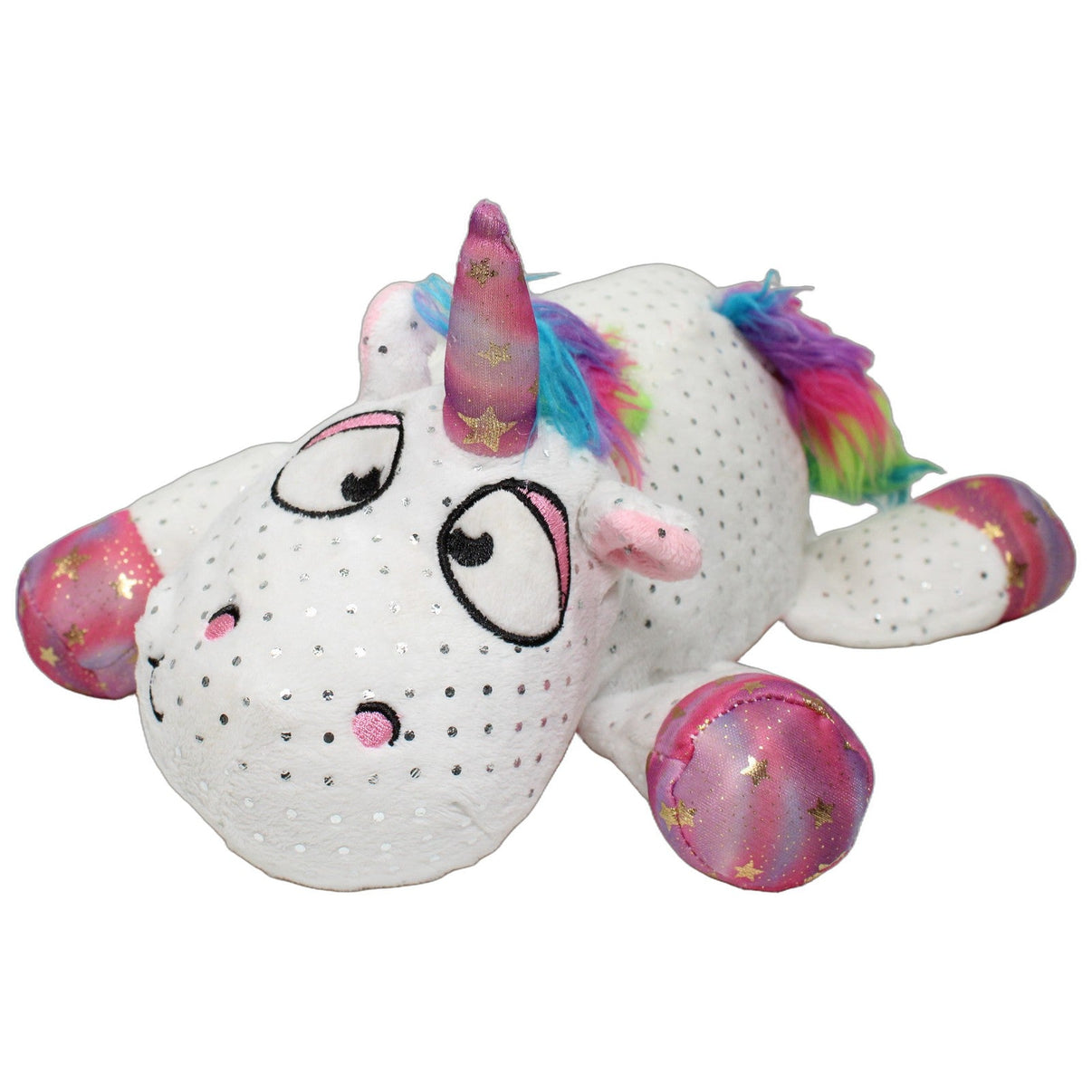 123000026408 Landahl & Baumann Weißes Einhorn mit Regenbogenmähne & silbernen Punkten, liegend Kuscheltier Kumpel Leo 34cm ebay-stofftiere Einhorn