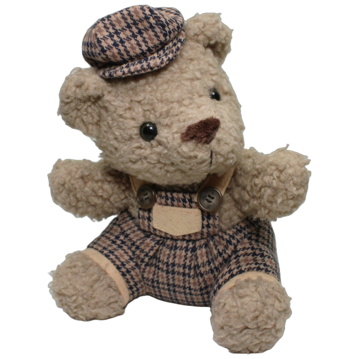 123000026651 inter-präsent Sitzender Teddy mit karierten Latzhose & Mütze Kuscheltier Kumpel Leo 25cm _Vintage_ Beige