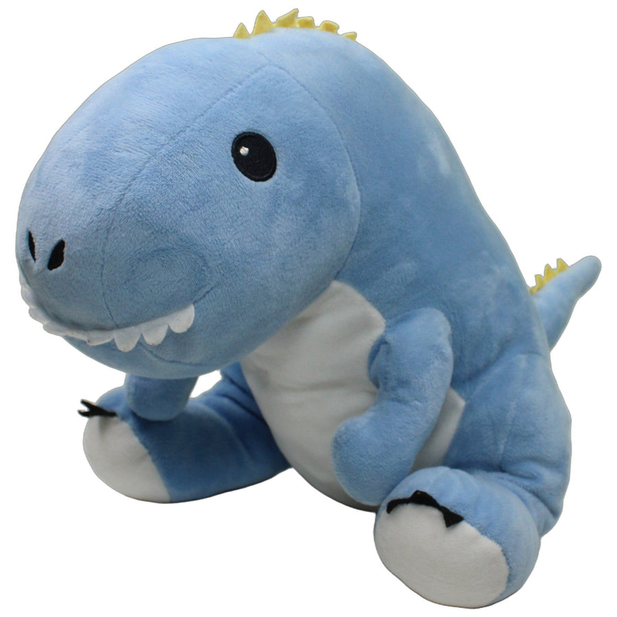 Großer blauer Dino mit weißem Bauch, sitzend