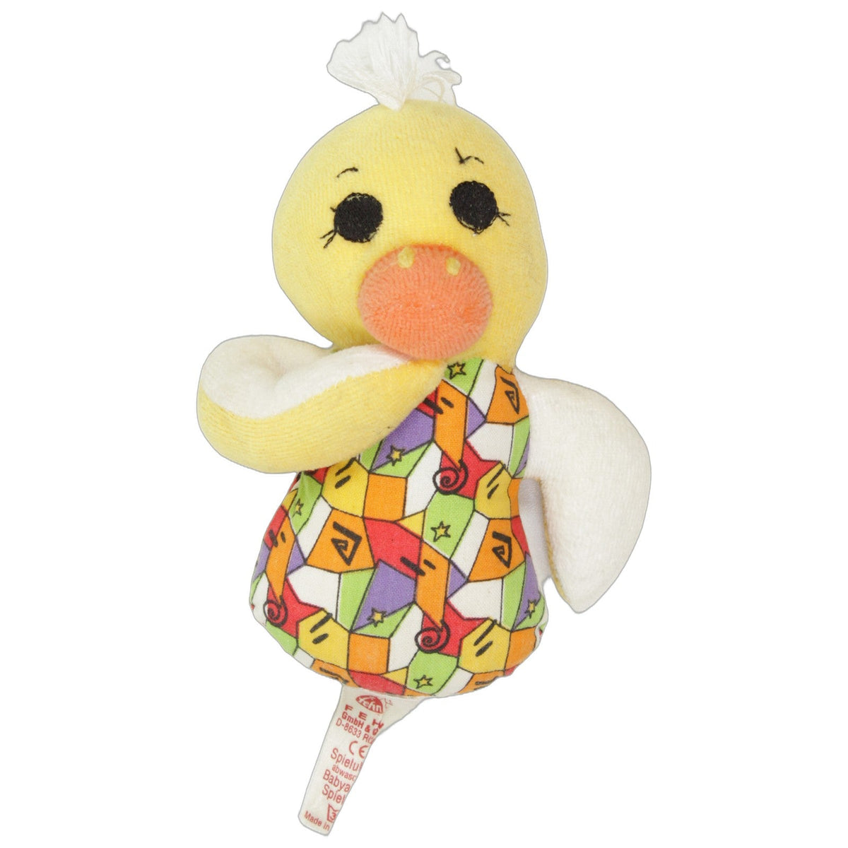123000027527 Fehn Süße Ente mit buntem Muster Greifling mit Rassel Kumpel Leo 15cm _Vintage_ ebay-baby-sonstiges