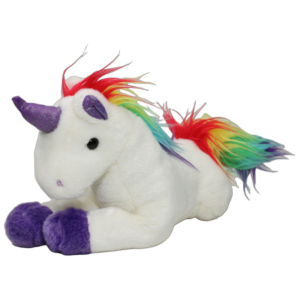 Weißes Einhorn mit Regenbogenmähne, liegend
