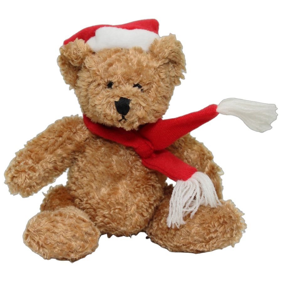 Brauner Zottel-Bär mit Weihnachtsmütze und Schal